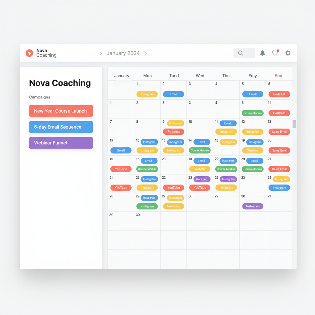 Nova Coaching content calendar — Course launch sequence