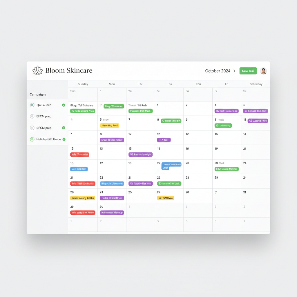 Bloom Skincare content calendar — Q4 launch + BFCM