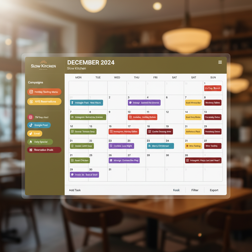 Slow Kitchen content calendar — Specials + holiday events