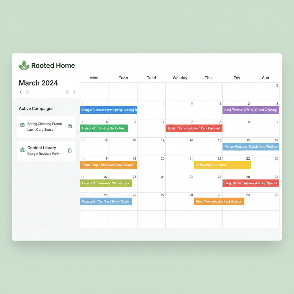 Rooted Home content calendar — Seasonal promos + Google posts